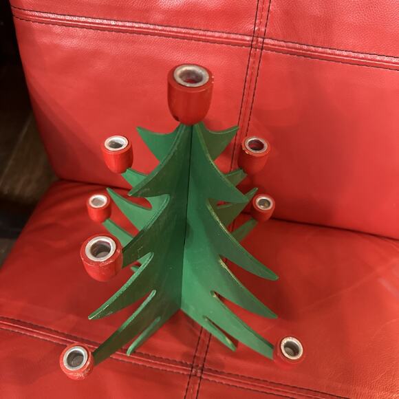 Swedish Wooden Christmas Tree Candle Holder 13" Interlocking Green Red Folk Art - Picture 2 of 4